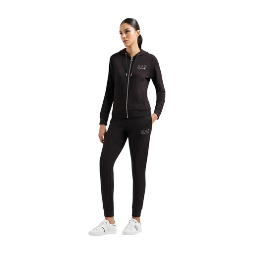 Ea7 Schwarzer Damen-Overall mit Kapuze aus Polyestergemisch, bestehend aus Kapuze mit Reißverschluss und Jogginghose mit weißen Logo-Details
