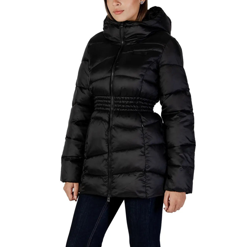 Ea7 Schwarze Damen-Winterjacke mit Kapuze aus Polyamid mit gestepptem Daunen-Design und elastischem Bund