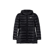 Ea7 Schwarze Damen-Winterjacke aus Polyester mit Kapuze, horizontaler Steppung und Logo auf der linken Brustseite