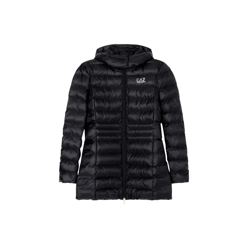 Ea7 Schwarze Damen-Winterjacke aus Polyester mit Kapuze, horizontaler Steppung und Logo auf der linken Brustseite