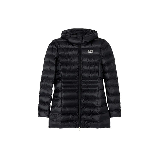 Ea7 Schwarze Damen-Winterjacke aus Polyester mit Kapuze, horizontaler Steppung und Logo auf der linken Brustseite