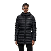 Ea7 Schwarze Damen-Winterjacke aus Polyester mit Kapuze, horizontalen Ziernähten und ea7-Logo auf der linken Brust.