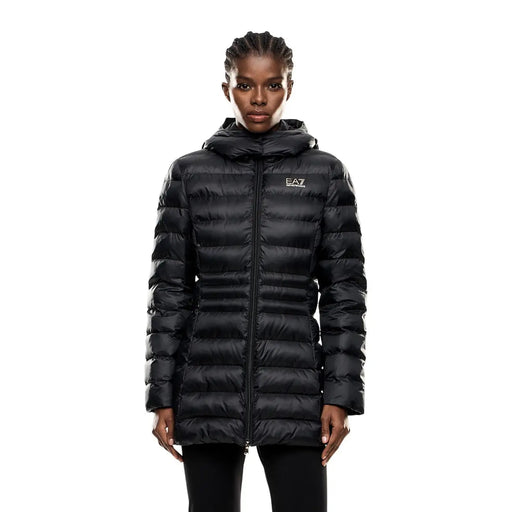 Ea7 Schwarze Damen-Winterjacke aus Polyester mit Kapuze, horizontalen Ziernähten und ea7-Logo auf der linken Brust.