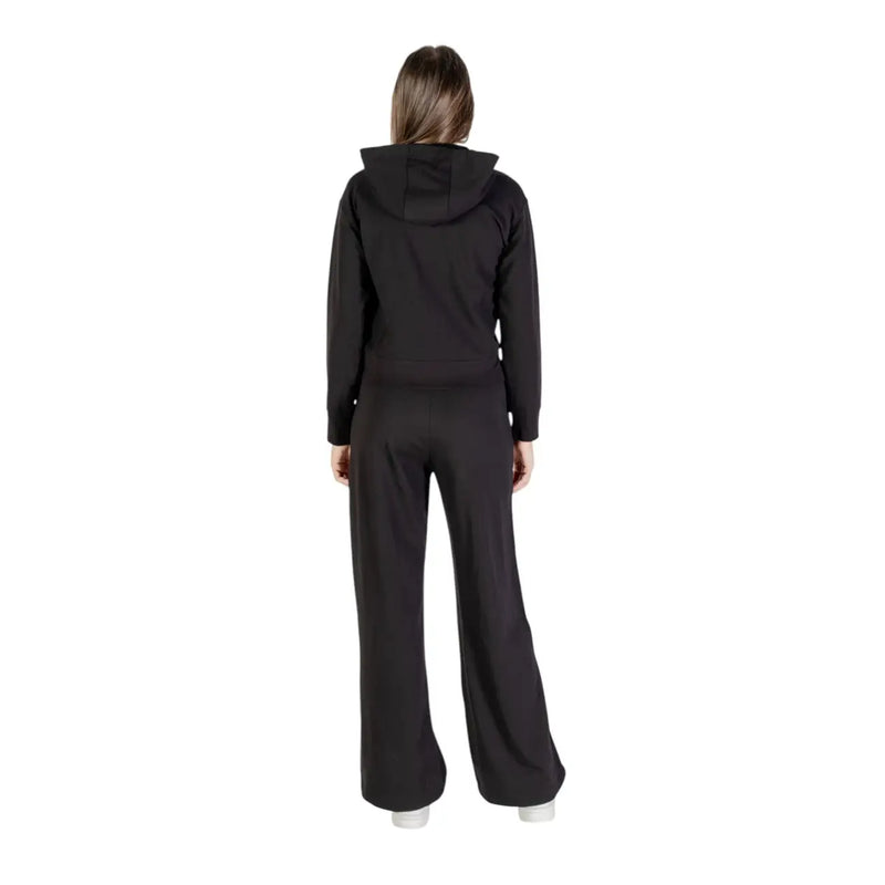Ea7 Schwarzer Damen-Overall aus Baumwolle mit Kapuze und Reißverschluss, bestehend aus Sweatshirt und weit geschnittener Hose, Vorderansicht