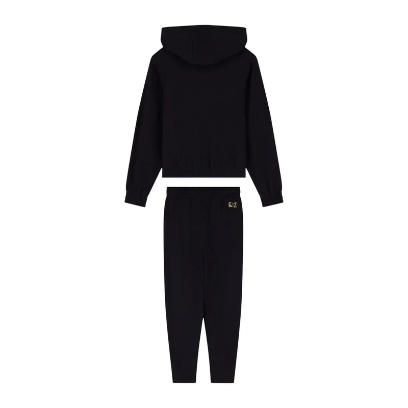 Ea7 Schwarzes, kurzes Baumwoll-Hoodie- und Jogginghosen-Set für Damen mit dezenten goldenen Logo-Details – perfekt für den Herbst.