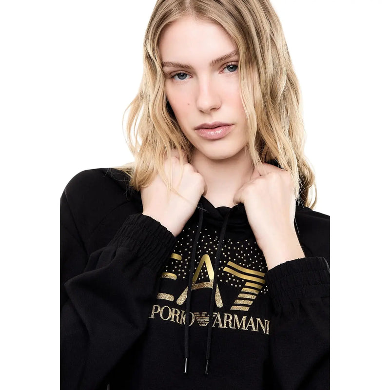 Schwarzer Baumwoll-Hoodie ea7 von Emporio Armani mit auffälligem goldenem Logo und funkelnden Punktverzierungen für den Herbst