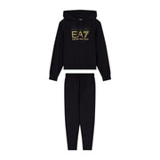Schwarzes EA7 Emporio Armani Baumwoll-Hoodie- und Jogginghosen-Set mit goldgeprägtem Logo für Damen, Herbstmode