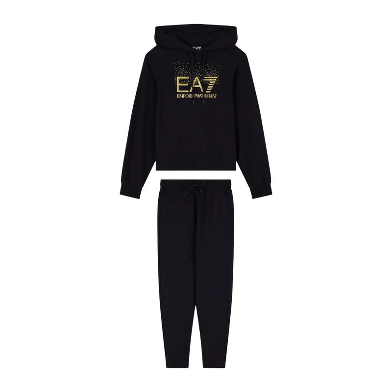 Schwarzes EA7 Emporio Armani Baumwoll-Hoodie- und Jogginghosen-Set mit goldgeprägtem Logo für Damen, Herbstmode