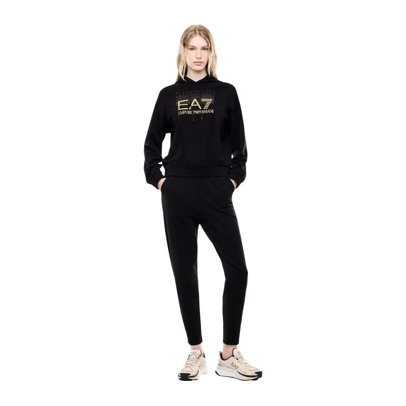 Ea7 Schwarzer Damen-Baumwoll-Overall mit Kapuze, Herbstmode, bestehend aus einem schwarzen EA7 Emporio Armani Hoodie mit goldgesticktem Logo und passender Jogginghose.