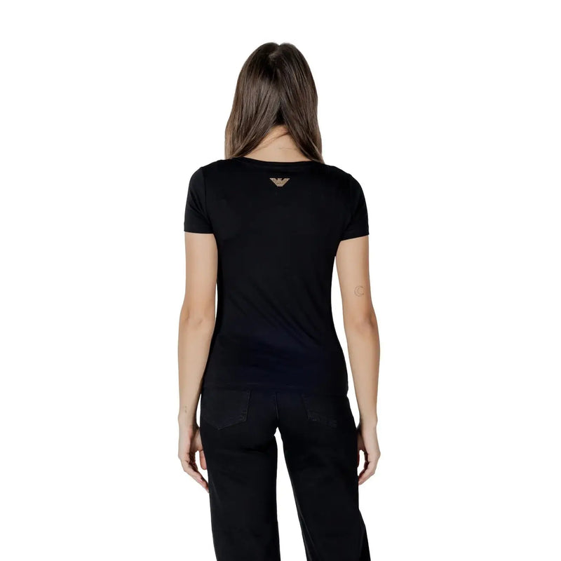 Ea7 women cotton modal short-sleeved black t shirt with gold embroidered eagle logo at the neckline