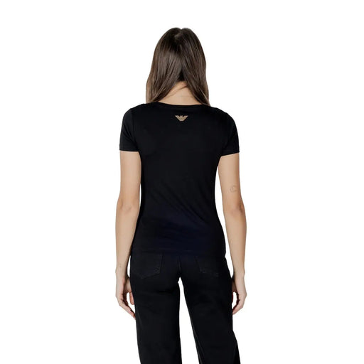 Ea7 women cotton modal short-sleeved black t shirt with gold embroidered eagle logo at the neckline