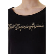 Ea7 women cotton short sleeve black t shirt with round neck and gold rhinestone emporio Armani logo on chest
