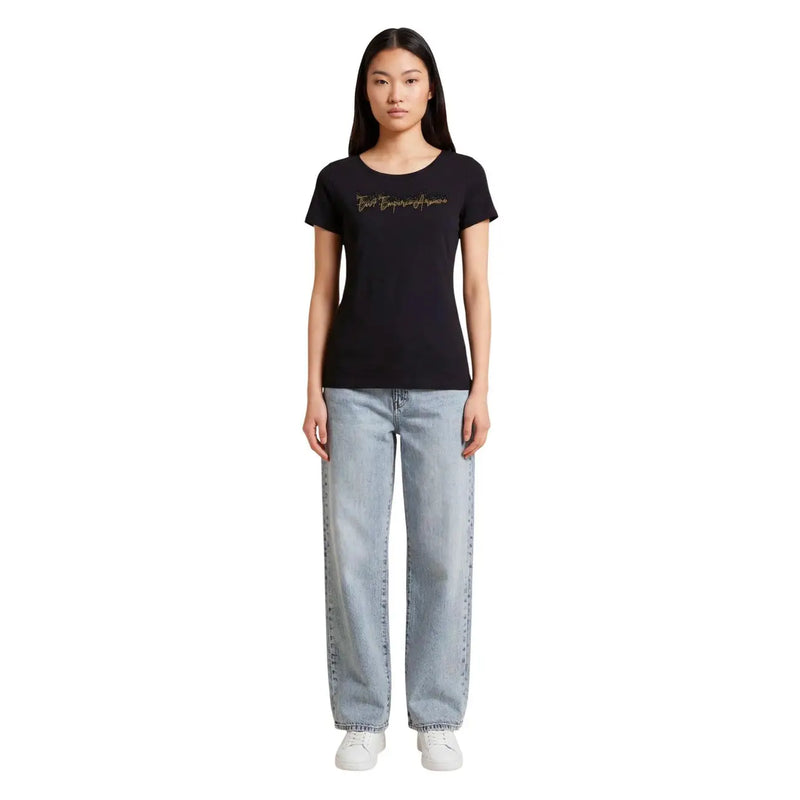 Black EA7 women cotton short sleeve round neck t shirt with gold cursive lettering across the chest