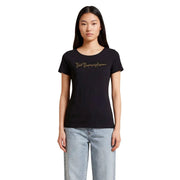 Ea7 women cotton short sleeve round neck t shirt black with gold glitter Emporio Armani script logo across the chest