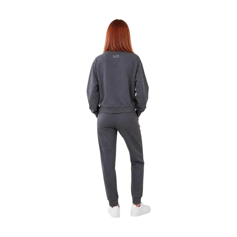 Ea7 Damen-Jumpsuit aus grauer Baumwolle mit Rundhalsausschnitt, abgebildet als dunkelgraues Sweatshirt und passende Jogginghose