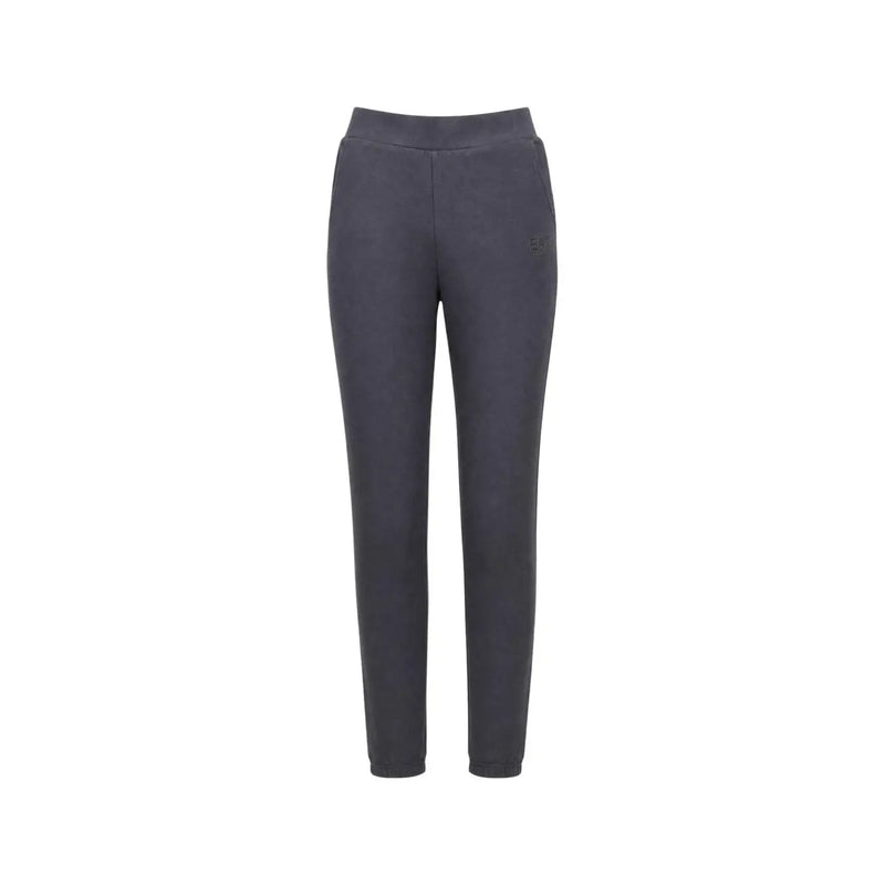Dunkelgraue, schmal geschnittene Jogginghose aus weichem Fleece-Material mit elastischem Bund aus der ea7 Damen-Kollektion grauer Baumwoll-Jumpsuits mit Rundhalsausschnitt.