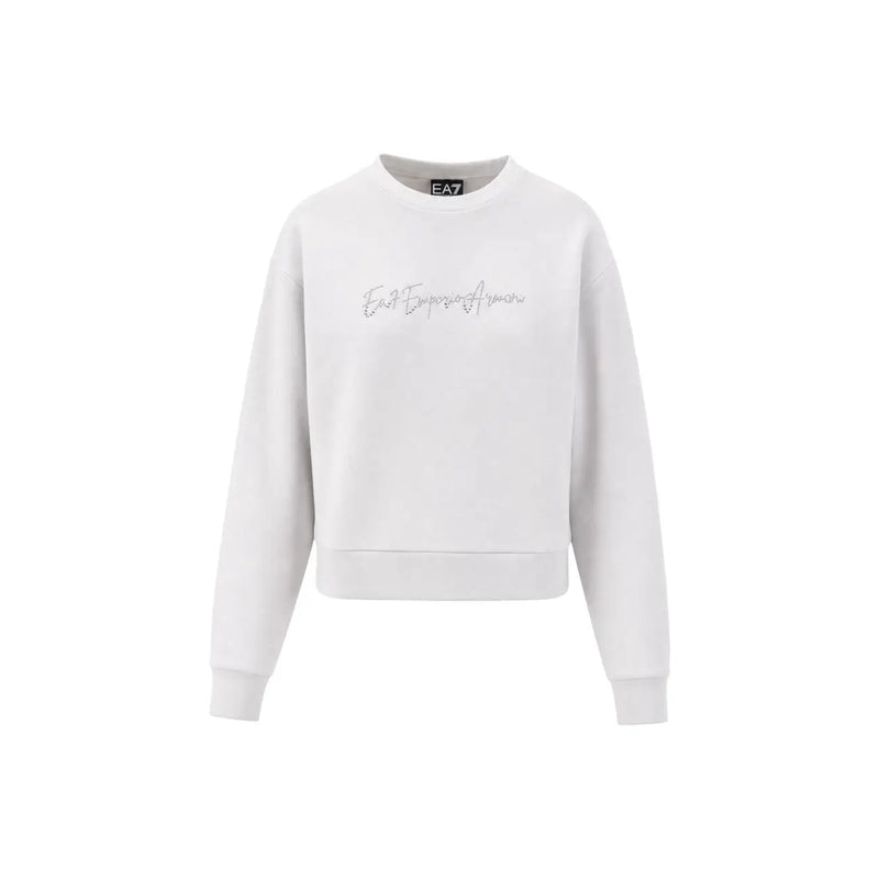 Weißes Emporio Armani EA7 Sweatshirt mit dezenter silberner Stickerei auf der Brust aus grauem Baumwollstoff