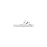 White emporio armani slide sandal with sleek minimalist design and silver logo on strap for spring summer wear