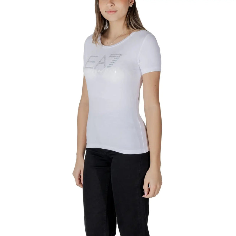White Ea7 women short-sleeved t shirt with subtle silver logo across the chest ideal for spring summer wear