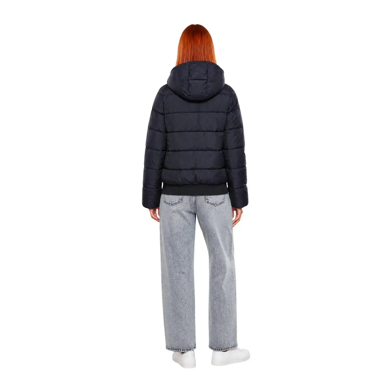 Schwarze, gesteppte EA7 Damen-Winterjacke mit Kapuze und Reißverschluss aus Polyester für optimalen Kälteschutz