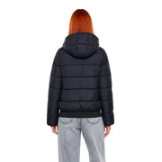 Schwarze, gesteppte EA7 Damen-Winterjacke mit Kapuze aus Polyester und Frontreißverschluss