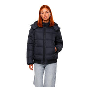 Schwarze EA7 Damen-Wintersteppjacke mit abnehmbarer Kapuze, gerippten Bündchen und Reißverschluss aus Polyester.