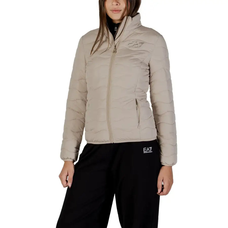 Ea7 women’s beige long quilted puffer jacket with turtleneck, zip pockets, and subtle chest logo