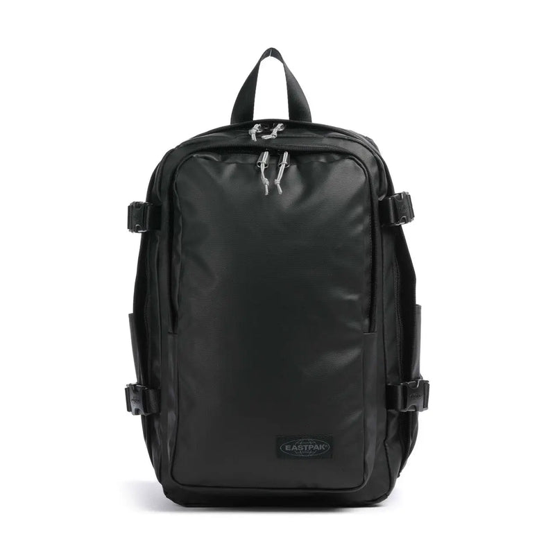 Schwarzer Eastpak Herrenrucksack aus Polyamid mit elegantem, mattem Finish und silberfarbenen Reißverschlüssen, Größe 40x25x20