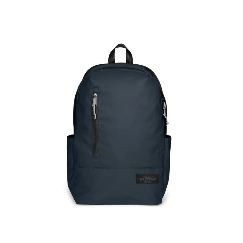Eastpak Herren-Rucksack aus blauem Polyester mit Taschen, dunkelblauem Design, schwarzen Reißverschlüssen und Markenlogo.