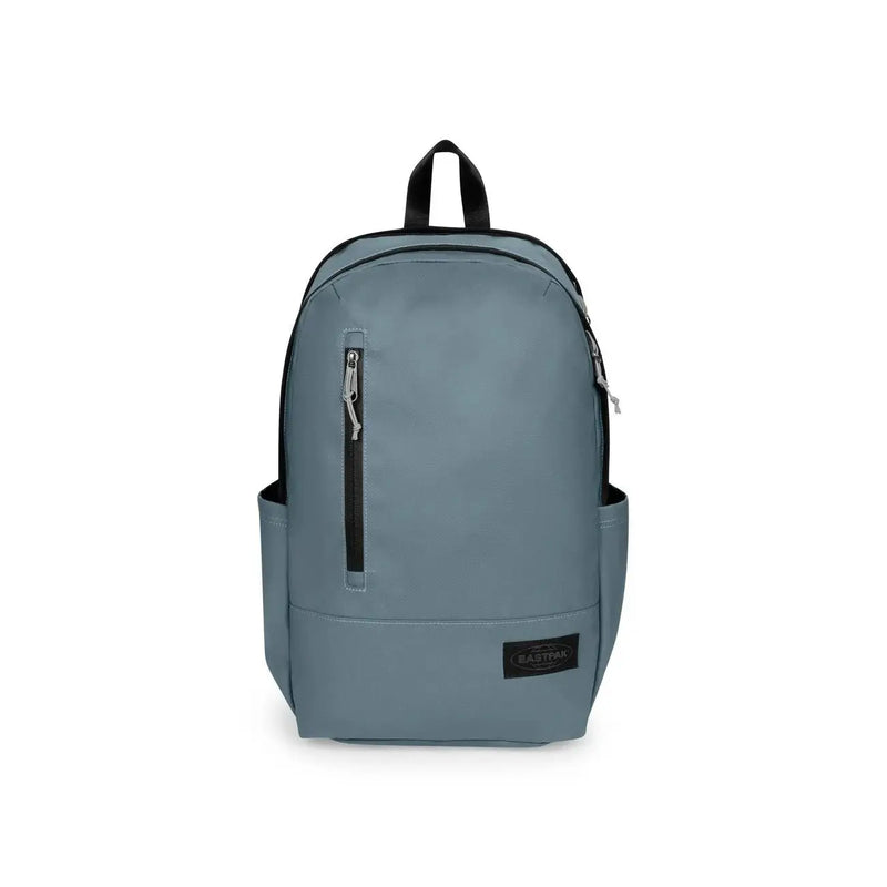 Ein eleganter, schieferblauer Eastpak-Herrenrucksack aus Polyester mit schwarzen Reißverschlüssen und Taschen, 45 x 28 x 22 Zentimeter