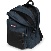 Eastpak Herrenrucksack in Dunkelblau aus Denim-Polyester mit schwarzen Mesh- und Reißverschlussdetails und mehreren Reißverschlusstaschen