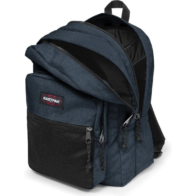 Eastpak Herrenrucksack in Dunkelblau aus Denim-Polyester mit schwarzen Mesh- und Reißverschlussdetails und mehreren Reißverschlusstaschen