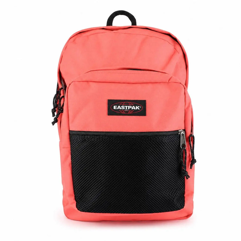 Ein korallenfarbener Eastpak Herrenrucksack mit schwarzen Netz-Einsätzen und Reißverschlusstaschen aus Polyester, 42 x 32 x 25,5 cm