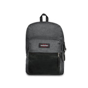Grauer, strukturierter Eastpak-Herrenrucksack mit schwarzem Netzgewebeeinsatz aus Polyester und Reißverschlussdetails für optimale Organisation
