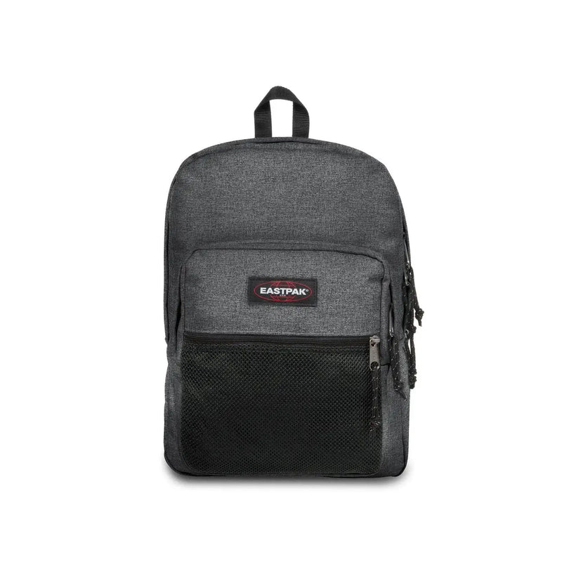 Grauer, strukturierter Eastpak-Herrenrucksack mit schwarzem Netzgewebeeinsatz aus Polyester und Reißverschlussdetails für optimale Organisation