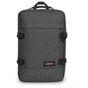 Dunkelgrauer, strukturierter Eastpak-Herrenrucksack aus Polyester mit Taschen, schwarzen Schnallen und einem kleinen Logo-Aufnäher.