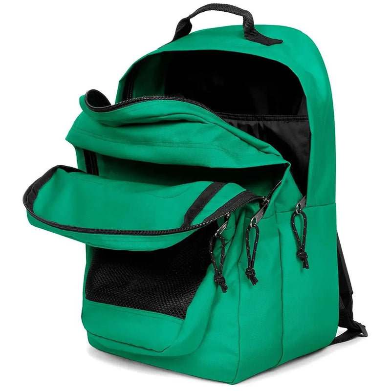 Eastpak Herrenrucksack, grünes Polyamid mit leuchtend grüner Farbe, schwarzen Reißverschlüssen und von der Rückseite sichtbarem Netzfutter