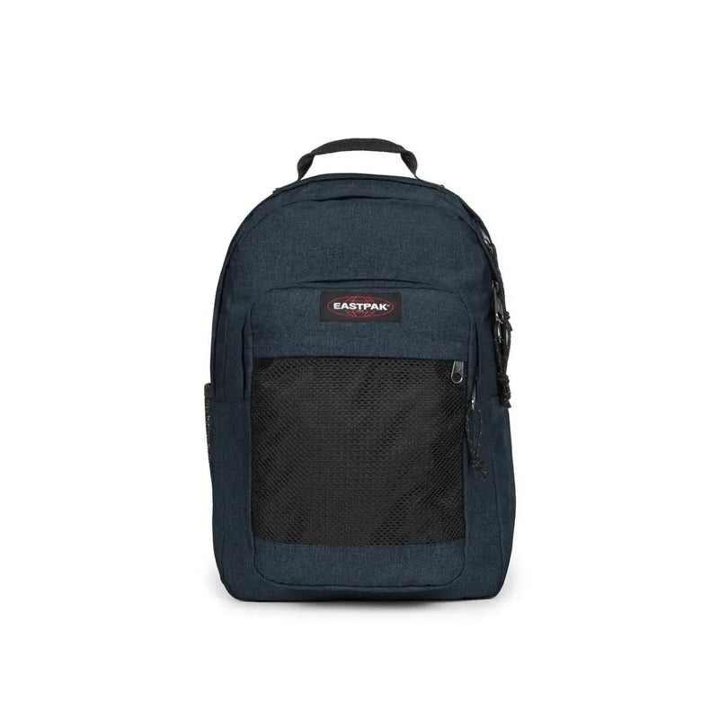 Dunkelblauer Eastpak Herrenrucksack mit schwarzer Netz-Vordertasche und dezent strukturiertem Polyamidgewebe, 29 x 44 x 28 cm