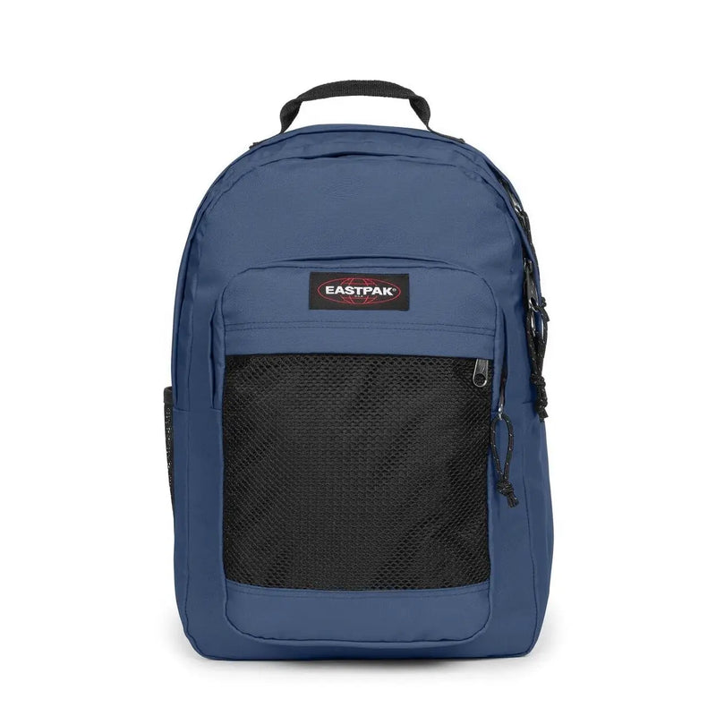 Blauer Eastpak Herrenrucksack mit schwarzer Netz-Vordertasche und grünen Reißverschlussanhängern aus Polyamid, Maße: 29 x 44 x 28 cm