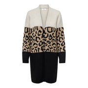 Elegant Black Leopard Print Long Lapel Collar Cardigan with Color-Block Design for Women