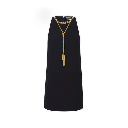Black sleeveless midi dress with gold chain and tassel details from Elisabetta Franchi