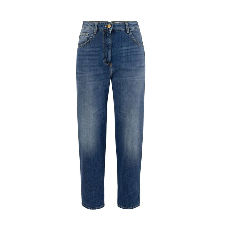 Elisabetta Franchi Damenjeans mit hohem Bund aus verwaschenem, blauem Baumwolldenim und geradem Bein.