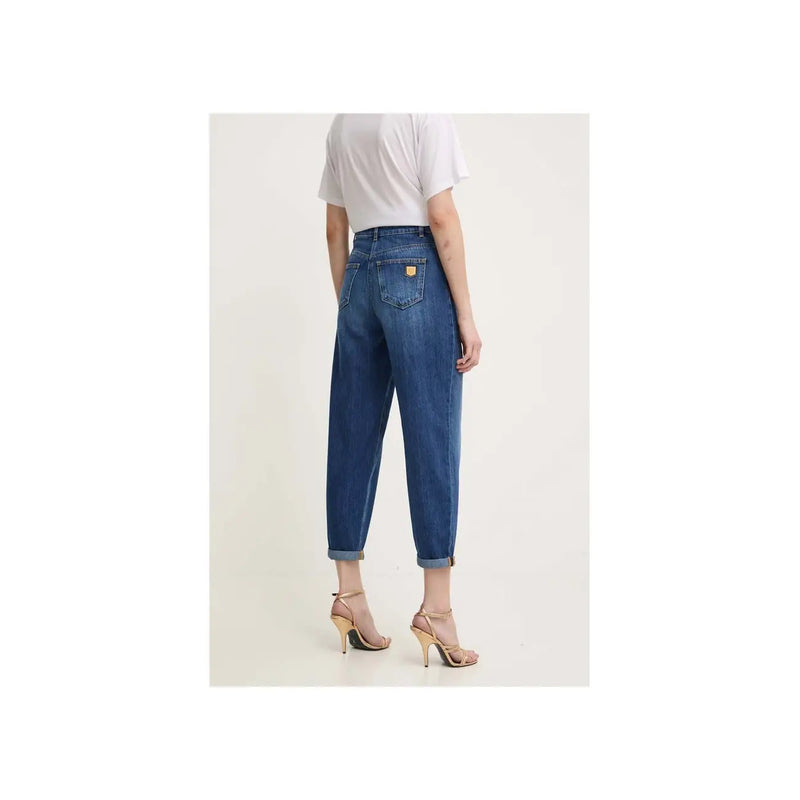 Elisabetta Franchi Damenjeans, blauer Baumwoll-Denim, hochgeschnitten, mit klassischem Fünf-Taschen-Design und umgeschlagenen Säumen