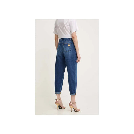Elisabetta Franchi Damenjeans, blauer Baumwoll-Denim, hochgeschnitten, mit klassischem Fünf-Taschen-Design und umgeschlagenen Säumen
