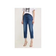 Elisabetta Franchi Damenjeans aus blauem Baumwoll-Denim mit hohem Bund, geradem Bein und umgeschlagenen Säumen