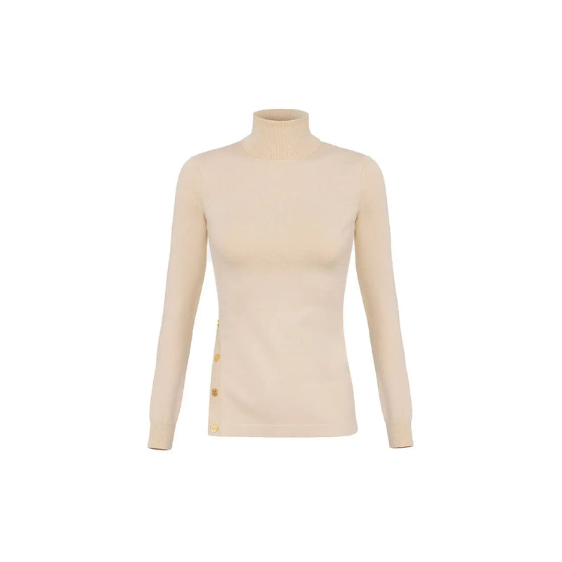 Elisabetta Franchi women knitwear beige turtleneck sweater with long sleeves and gold-tone side buttons