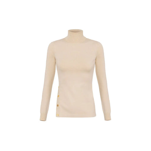 Elisabetta Franchi Damen-Strickpullover mit beigefarbenem Rollkragen, langen Ärmeln und goldfarbenen Seitenknöpfen