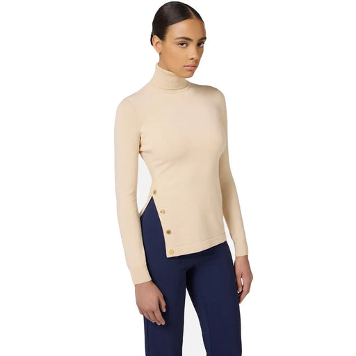 Beigefarbener Damen-Strickpullover von Elisabetta Franchi mit Stehkragen, Seitenschlitz und goldfarbenen Knöpfen aus weichem Material