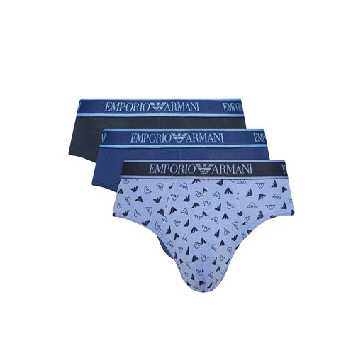 Set of three Emporio Armani men’s briefs in navy dark blue and light blue with black eagle logos fall winter underwear
