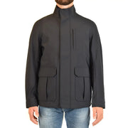 Schwarze, elegante, moderne Herrenjacke mit hohem Kragen und großen Pattentaschen im Emporio Armani-Stil aus blauem Polyester mit Reißverschluss.